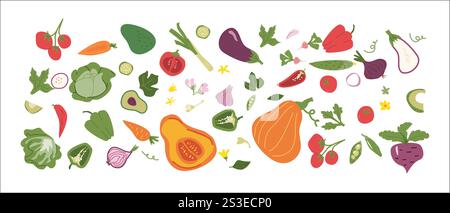 Varieta' colorata di verdura e frutta fresca su sfondo bianco. Illustrazione Vettoriale
