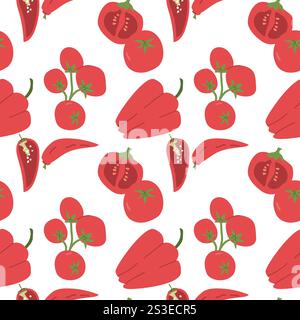 Motivo senza cuciture di pomodori rossi e peperoni su sfondo bianco. Illustrazione Vettoriale