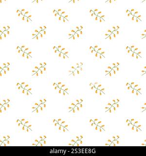 Motivo senza cuciture di piccoli fiori gialli con steli verdi su sfondo bianco. Illustrazione Vettoriale