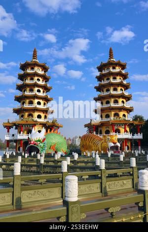 Il Tempio di Dragon e Tiger Pagodas al Lotus Pond a Kaohsiung, Taiwan, dopo essere stato recentemente rinnovato e riparato. Entrando nel tempio attraverso il Drago Foto Stock