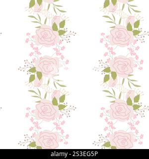Elegante motivo floreale con rose rosa e foglie verdi su sfondo bianco. Illustrazione Vettoriale