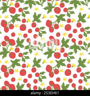 Vivace motivo di pomodoro e rucola con delicati fiori gialli. Illustrazione Vettoriale