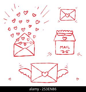 Doodle ha disegnato a mano un set di lettere d'amore e una cassetta postale. Illustrazione Vettoriale