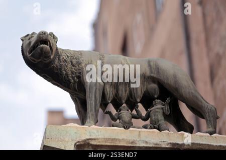 15.05.2024, Rom, ITA - Kapitolinische Woelfin. Aussen, Aussenaufnahme, Bildhauerei, Bildhauerkunst, Bronzefigur, Bronzeplastik, Europa, europaeisch, Figur, Fruehjahr, Fruehling, Italien, italienisch, Jahreszeit, Kapitolinische Woelfin, Kunst, Legende, Lupa Capitolina, Mythologie, Mythos, niemand, Plastik, QF, Querformat, Remus, ROM, Romolo, Romolo e Remus, saeugen, saugen, Stadt, Statua, Suedeuropa, Tierfigur, trinken, Woelfin, Wolf 240515D035ROM.JPG *** 15 05 2024, Roma, ITA Capitolino Elefante esterno, foto esterna, scultura, scultura, scultura, bronzo, scultura in bronzo, Europa, eur Foto Stock