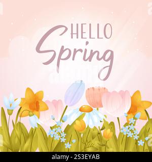 Fiori primaverili colorati fioriscono in un design allegro che celebra l'arrivo della primavera con vivaci sfumature, ciao primavera Illustrazione Vettoriale
