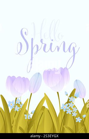 Fiori primaverili colorati fioriscono in un design allegro che celebra l'arrivo della primavera con vivaci sfumature, ciao primavera Illustrazione Vettoriale