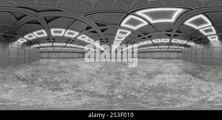 Ampio hangar, sala esposizioni, panorama 360. Garage per auto. Panorama sferico hdri completamente senza cuciture a 360 gradi all'interno di un garage futuristico Foto Stock