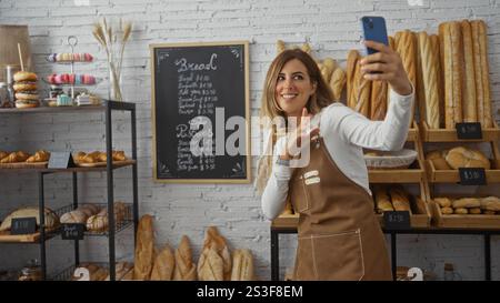 Donna che scatta selfie in un'incantevole panetteria circondata da dolci e pane freschi, mostrando i prezzi del menu in un ambiente moderno e luminoso. Foto Stock