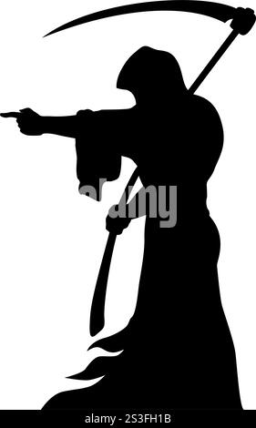 Triste mietitore di morte con falce sulle spalle punta alla vittima. Silhouette vettoriale su sfondo trasparente Illustrazione Vettoriale