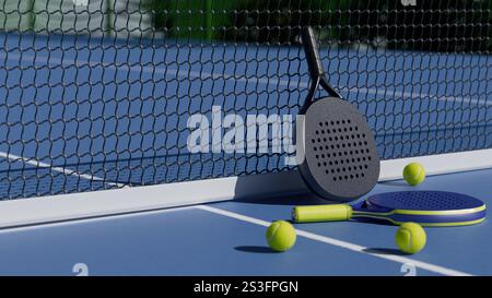 L'attrezzatura da tennis Padel poggia su un campo blu, pronto per giocare in una giornata di sole. rendering 3d. Foto Stock