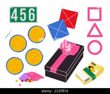 Elementi della serie televisiva sudcoreana. Simboli di gioco popolari. Ampio concetto di gioco. Serie di illustrazioni vettoriali Illustrazione Vettoriale