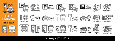 Area parcheggio, stazione degli autobus, parcheggio taxi, parcheggio auto per disabili, set di icone per la riparazione di pneumatici per automobili Illustrazione Vettoriale