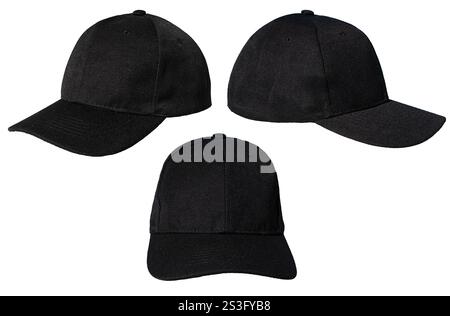 Set di cappellino da baseball nero vuoto isolato su sfondo bianco. Mascheratura modello Foto Stock