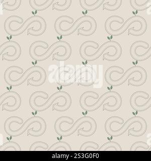 Modello di moda sostenibile senza interruzioni. Icone verdi con simbolo infinito eco. Disegno vettoriale pastello. Illustrazione Vettoriale