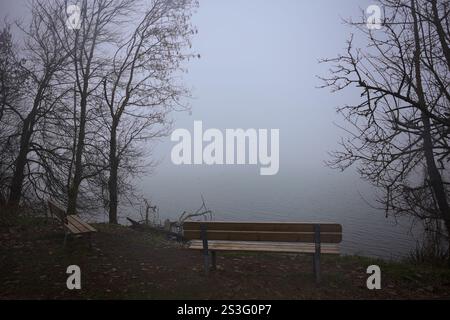 Panche vuote in riva al lago in un parco in una mattinata nebbiosa Foto Stock