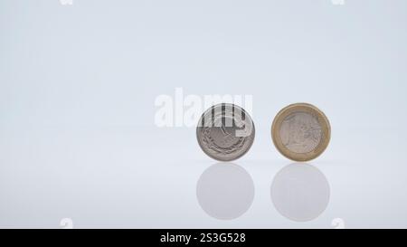 Monete da 1 Zloty e 1 Euro affiancate su sfondo minimalista Foto Stock