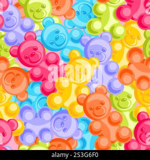 Un divertente motivo senza cuciture con orsetti colorati in gelatina in varie tonalità vivaci. Queste adorabili caramelle gommose sono disposte splendidamente, creando un Illustrazione Vettoriale