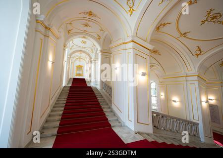 Grande scalinata del Castello di Bratislava con tappeto rosso e balaustra in marmo Foto Stock