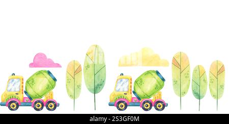 Camion di cemento verde, nuvole rosa vibranti e alberi lussureggianti. Cantiere senza cuciture, giocattoli acquerello clipart. Ideale per articoli di cancelleria, illustrazioni di libri per bambini o disegni di merchandising ecologici Foto Stock
