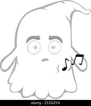 illustrazione vettoriale personaggio fantasma cartoni animati, fischiare con note musicali sulle labbra Illustrazione Vettoriale