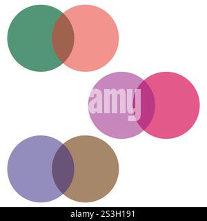 Forme circolari sovrapposte. Rosa, verde, viola, blu. Stile grafico Venn. Illustrazione vettoriale. Illustrazione Vettoriale