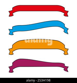 Set di nastri colorati. Rosso, blu, giallo, viola. Forme decorative per striscioni. Illustrazione vettoriale. Illustrazione Vettoriale