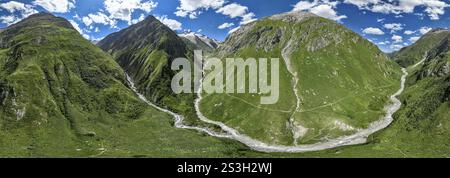 Vista aerea,Â panorama alpino a 360°, Grosser Schober e Roetspitze, Dabertal e Umbaltal con il fiume Isel, Parco Nazionale degli alti Tauri, Tirolo orientale, Tyro Foto Stock