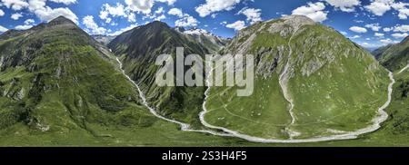 Vista aerea,Â panorama alpino a 360°, Grosser Schober e Roetspitze, Dabertal e Umbaltal con il fiume Isel, Parco Nazionale degli alti Tauri, Tirolo orientale, Tyro Foto Stock