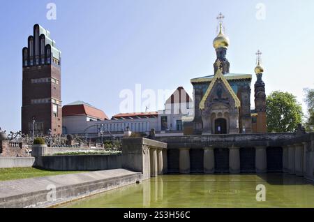 Panorama Mathildenhoehe con Torre per matrimoni e Cappella Russa, Darmstadt Darmstadt, Germania, Europa Foto Stock