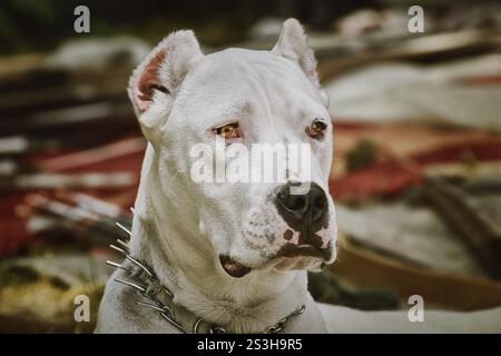 Ritratto di American Staffordshire Terrier con orecchie ritagliate Pliska, Bulgaria, Europa Foto Stock