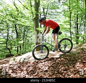 Sportivo senior con mountain bike nella foresta, Austria, Europa Foto Stock