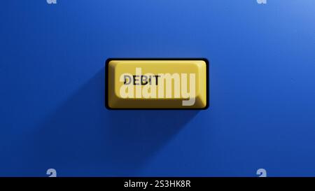 Pulsante giallo con parola aziendale DI DEBITO.pulsante di primo piano della tastiera, concetto aziendale.rendering 3D su sfondo blu. Foto Stock