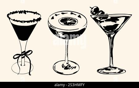 Illustrazione disegnata a mano del set di bevande da cocktail. Perfetto per i cocktail a tema. Ideale per menu da bar, ricette di bevande o cocktail. Illustrazione Vettoriale