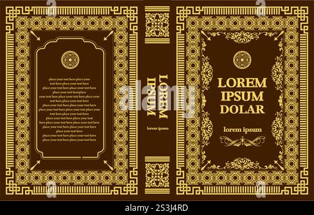 Copertina per libri in pelle decorata e vecchie cornici retrò. Design in stile Royal Golden. Romanzo storico. Illustrazione vettoriale in stile orientale Illustrazione Vettoriale