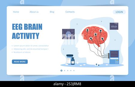 Concetto EEG. Modello di landing page. Attività cerebrale. Elettroencefalografia. Diagnostica delle malattie neurologiche. Illustrazione vettoriale in stile cartone animato piatto Illustrazione Vettoriale