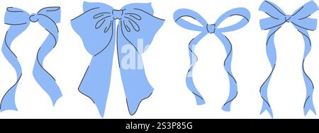 Fiocchi blu con nastri e nodi, con uno stile carino, piatto e vintage. Le illustrazioni vettoriali sono perfette per regali, capelli, vacanze e Illustrazione Vettoriale