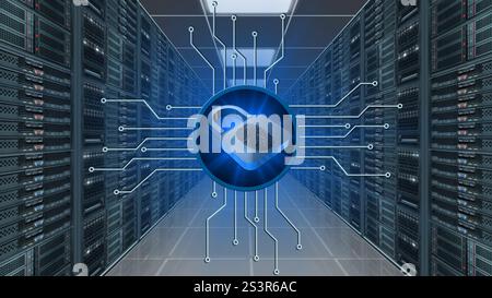 Lucchetto con impronta digitale tra le linee di collegamento delle informazioni - sala server dati come sfondo - Internet o concetto di tecnologia dell'informazione Foto Stock