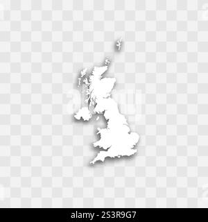 Regno Unito di Gran Bretagna e Irlanda del Nord rappresentazione vettoriale dettagliata della sagoma del paese. Colore bianco su sfondo trasparente con ombra esterna. Per uso didattico, decorativo o informativo. Illustrazione Vettoriale