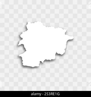 Andorra rappresentazione vettoriale dettagliata della silhouette del paese. Colore bianco su sfondo trasparente con ombra esterna. Per uso didattico, decorativo o informativo. Illustrazione Vettoriale