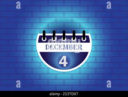 Un'illustrazione digitale di una pagina del calendario che mostra il 4 dicembre. La pagina è blu e bianca, sullo sfondo di un muro di mattoni blu. Pulizia, Illustrazione Vettoriale