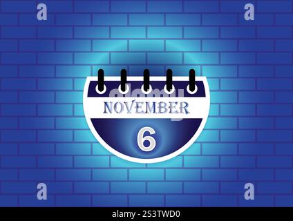 Una pagina di calendario stilizzata che visualizza il 6 novembre. Il design presenta uno schema colore blu scuro e bianco, adagiato su una parete in mattoni blu testurizzati. Illustrazione Vettoriale