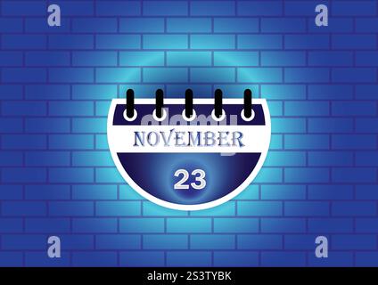 Una pagina del calendario stilizzata che visualizza il 23 novembre Il calendario è circolare e presenta una combinazione di colori blu e bianco. E' contro una testurizzata Illustrazione Vettoriale