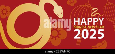 Felice anno nuovo cinese 2025 sfondo modello banner. Biglietto di auguri per il Capodanno cinese anno del serpente. Illustrazione Vettoriale