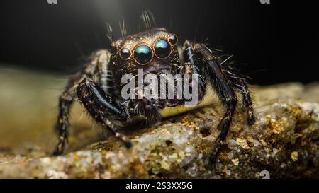 Primo piano di un ragno che salta con i suoi occhi iridescenti e il corpo peloso mentre si trova su una roccia Foto Stock