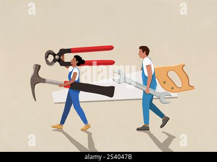 Coppia fai da te che trasporta utensili di grandi dimensioni su sfondo beige Foto Stock