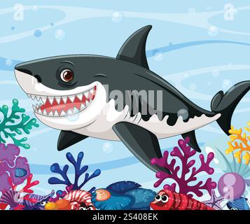 Uno squalo allegro che nuota tra le vibranti barriere coralline Illustrazione Vettoriale