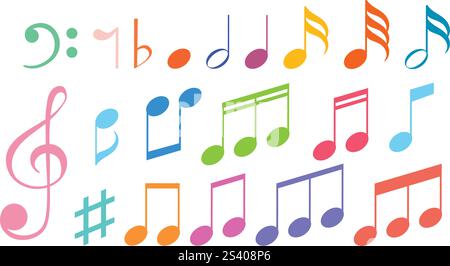 Note musicali e simboli vivaci in vari colori Illustrazione Vettoriale