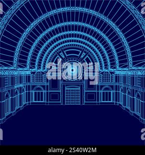 Disegno blu di un grande edificio con una grande cupola. L'edificio è vuoto e la cupola è illuminata Illustrazione Vettoriale