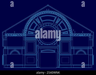 Disegno blu di un edificio con una grande finestra rotonda. Il disegno è in blu ed è molto dettagliato Illustrazione Vettoriale