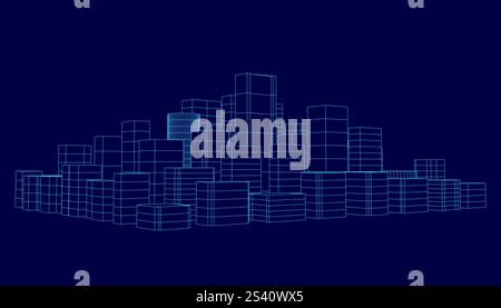 Lo skyline della città è mostrato in blu con molti dettagli. Gli edifici sono alti e la città sembra illuminata di notte. La scena è un'eccitazione e.. Illustrazione Vettoriale